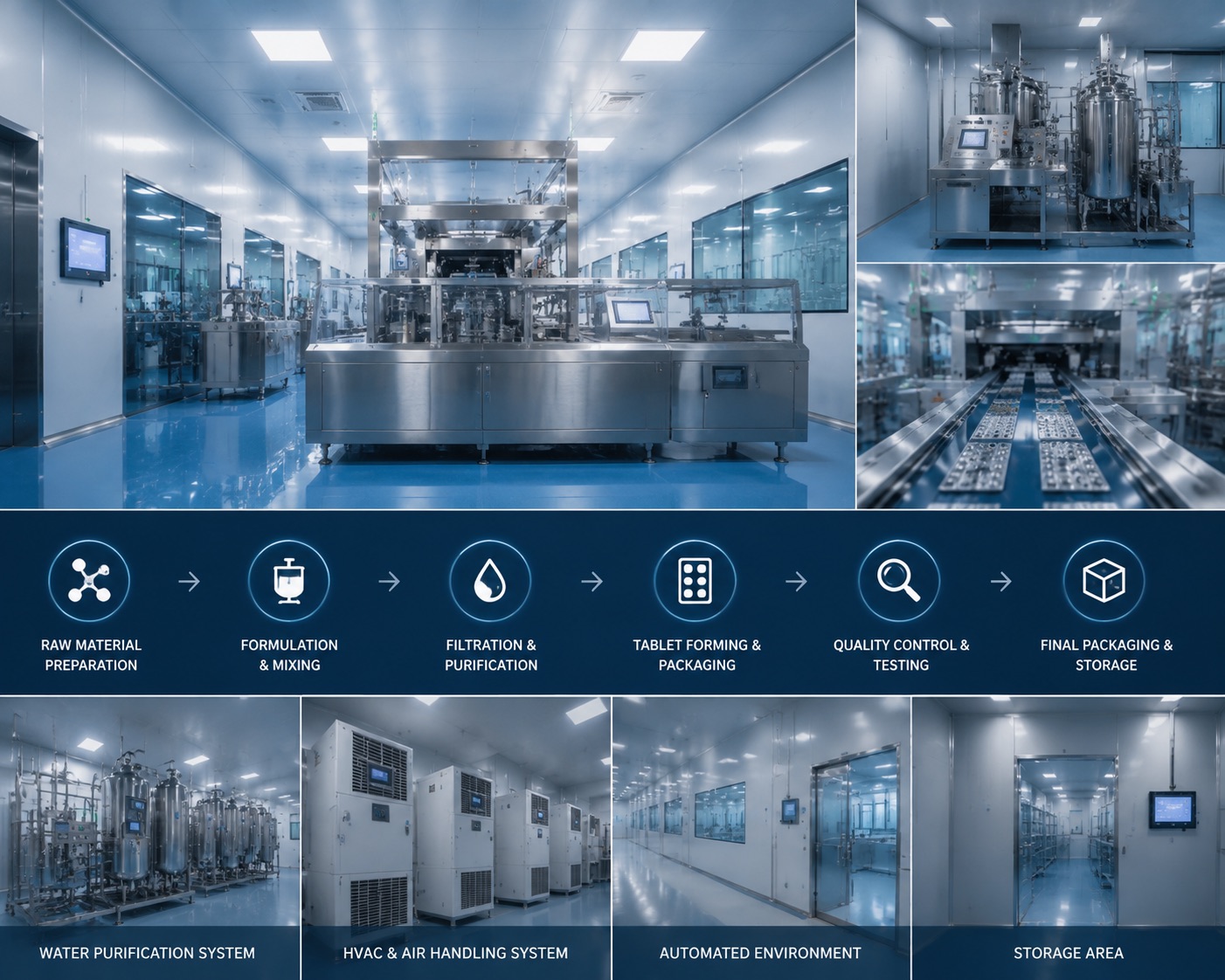 Manufacturing overview including formulation, purification, tablet forming, testing and packaging